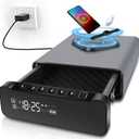 FTOP Biometric Fingerprint Gun Safe, Clock Handgun Safe with 3-in-1 Watch & Phone Wireless Charging, Drawer Lock for Hand Guns, Cash, Valuables- with Humidity Reader|Temperature| Alarm Clock| Screen