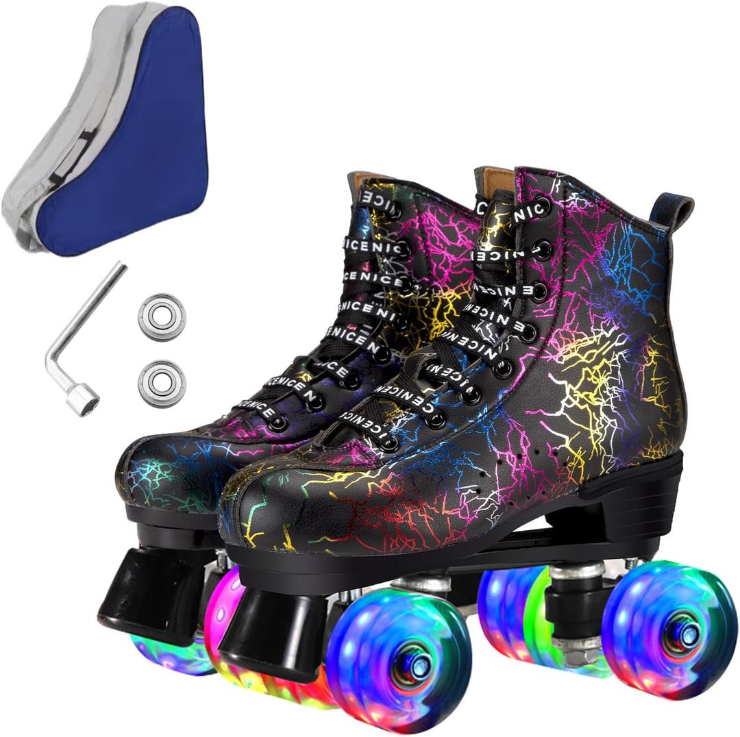 Roller Skates for Men and Women, Black Derby Roller Skates with 4 Shiny Wheel, Classic Double-Row Roller Skates for Indoor and Outdoor