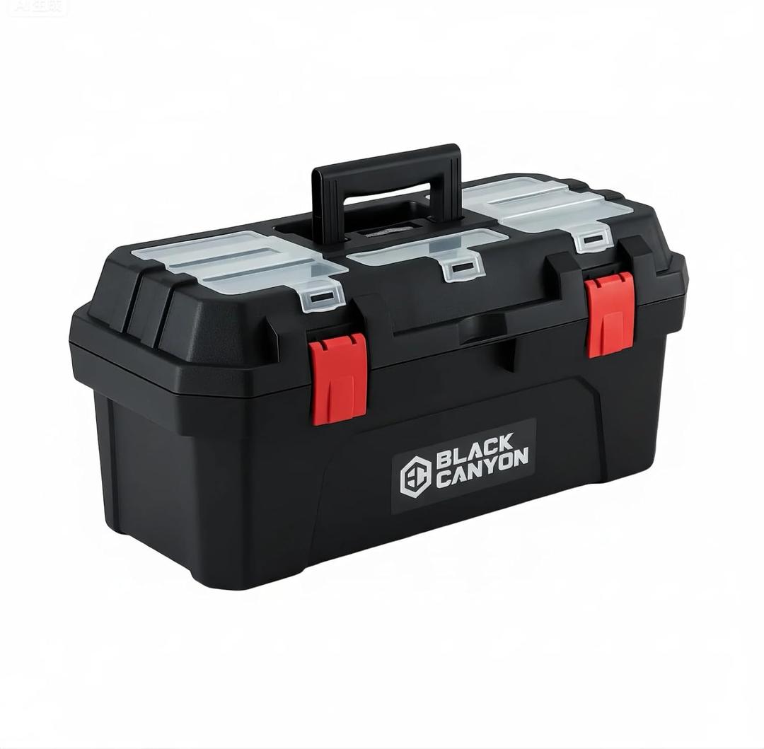 Black Canyon Tool Box - 19 Inch Plastic Dual-Layer Design, 44 lbs Load Capacity Portable Tool Box, Ergonomic Handle, Stackable & Top-Lid Storage, Perfect for DIY, Workshop & Job Site Organization