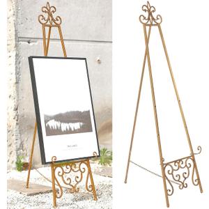 15"L x 25.5"W x 56.5"H Metal Scroll Extra Large Free Standing Adjustable Display Stand Easel with Chain Support, Heavy Duty Easel for Sign, Wedding, Picture Frame, Mirror, Gold (No Assembly Required)