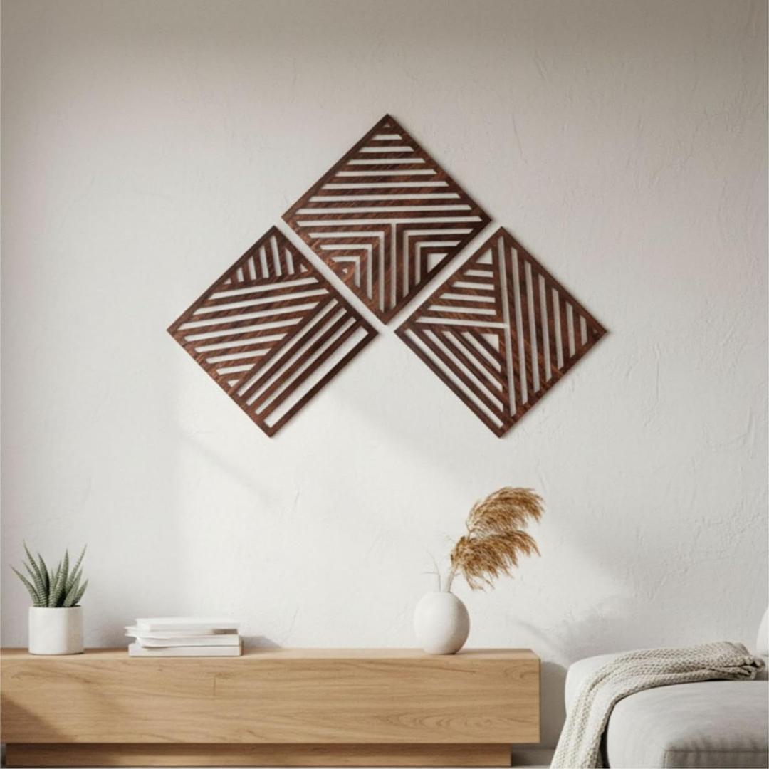 Yerliker 1616 Inch Boho Wooden Wall Sculptures Geometric Abstract Wood Wall Art Decor Set of 3 Slatted Wood Design for Living Room Bedroom Office Rustic Home Decoration