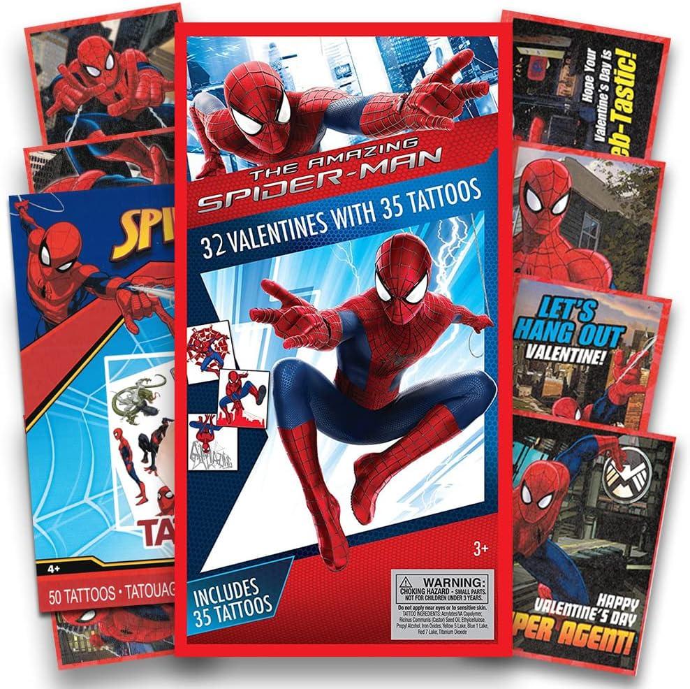 Marvel Spiderman Valentines Cards for Kids Toddlers -- 32 Spider-man Valentine Cards with Tattoos (Boxed School Classroom Pack)