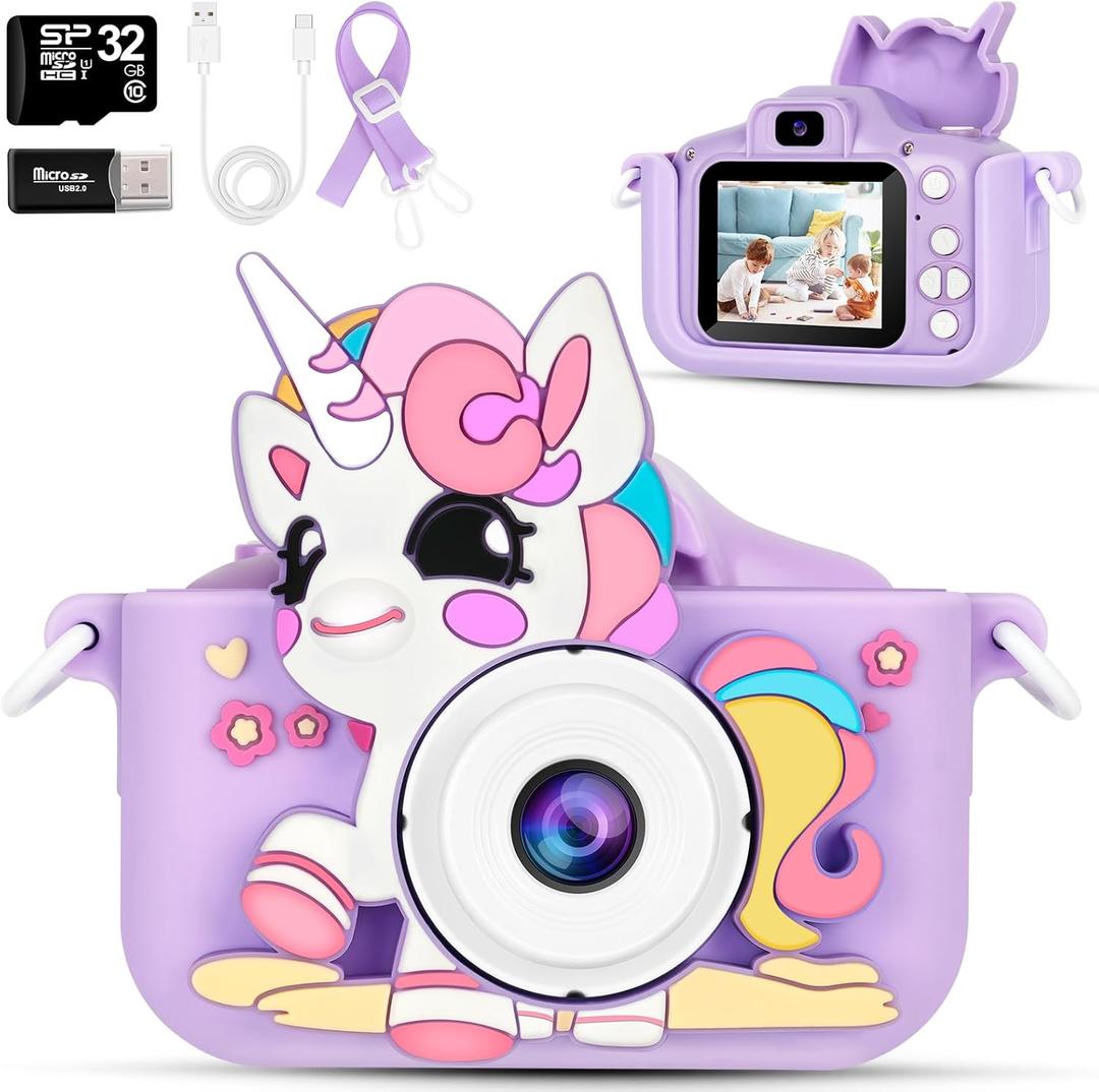 Kids Selfie Camera for Girls - 1080P Digital Camera with Soft Silicone Case, 32GB Video Camera for Kids 3-12 Years Old
