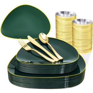 DaYammi 180Pcs Green Plastic Plates, Green Gold Disposable Plates with Gold Silverware Dinnerware Set Include: 30 Dinner Plate,30 Dessert Plate,90 Plastic Cutlery,30 Cups for Party or Holiday parties