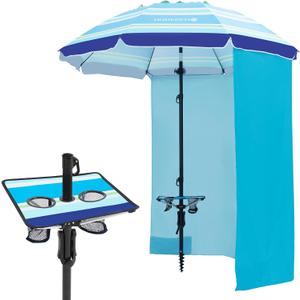 HOMEDEMO Heavy Duty High Wind Beach Umbrella with Sand Anchor,Built-in Table Tray & Tilt Pole&Hook& Curtain, UPF 50+ Windproof Portable Beach Umbrella for Patio Garden Pool Backyard