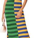 Wenrine Womens Summer Striped Dress Sleeveless Knitted Contrast Color Side Slit Casual Maxi Beach Dress (Small, Green)