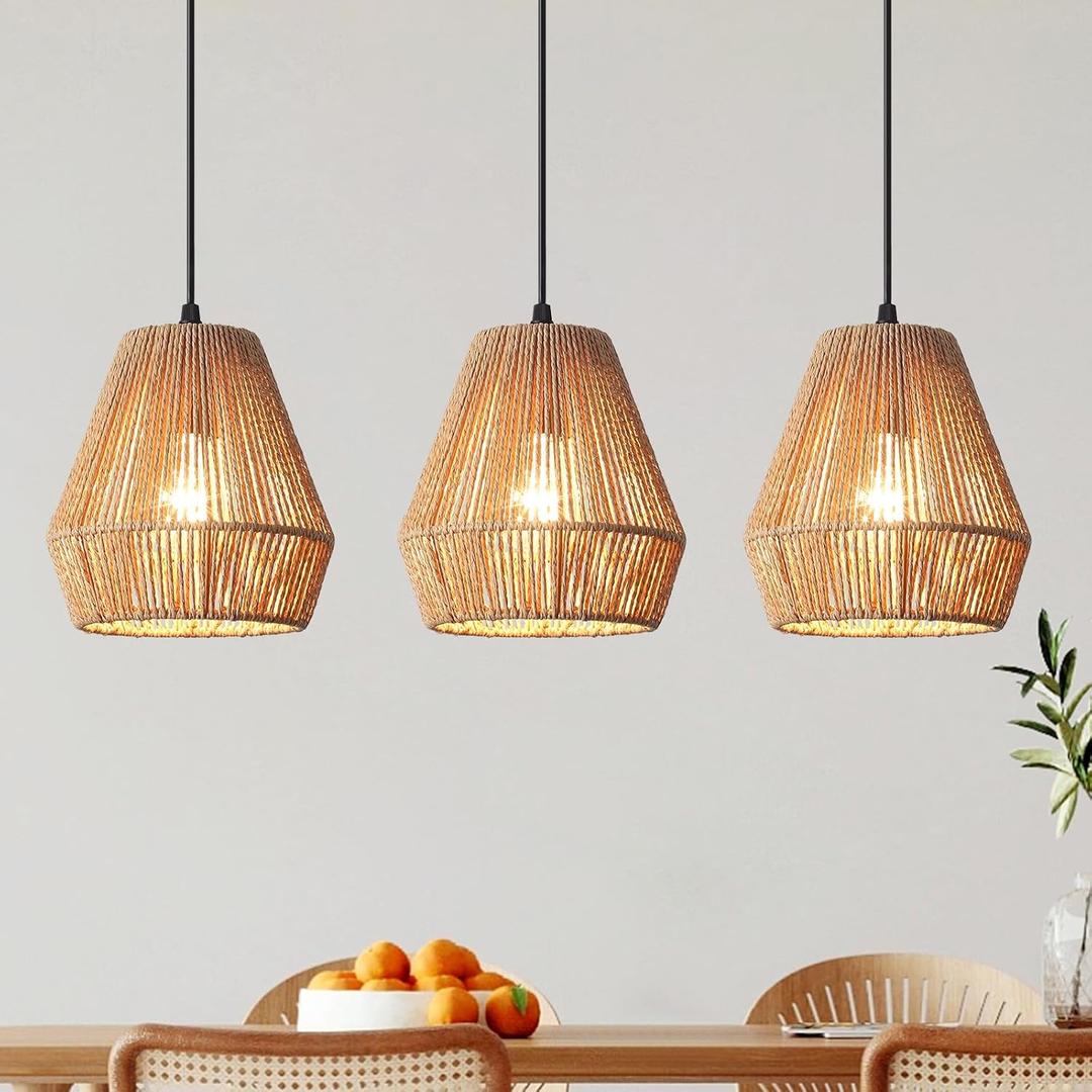 3 Pack Woven Pendant Light Kitchen Island 6.7" Boho Pendant Lights Fixture Rustic Hanging Lamp with Hand-Woven Rattan Shade Farmhouse Coastal Hanging Light for Bedroom Dining Room Foyer Hallway