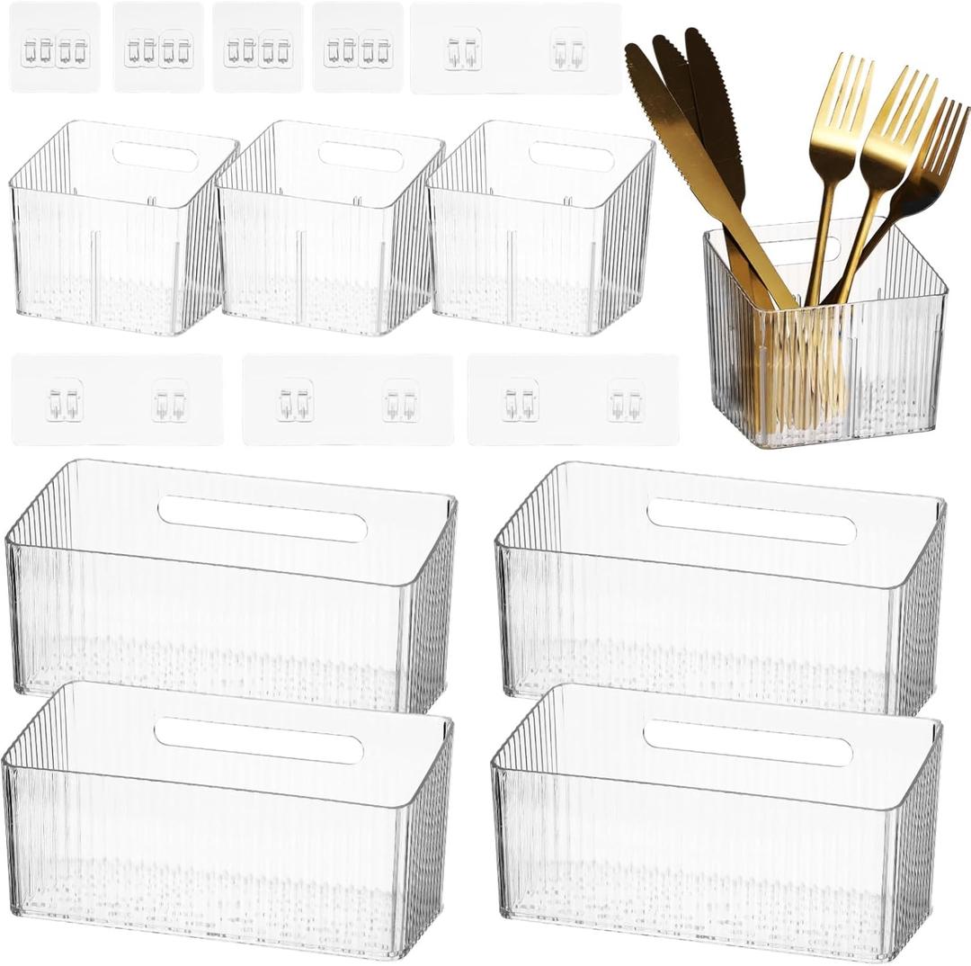 yeesport 8 PCS Cabinet Door Organizer Bins, Clear Plastic Wall Mount Hanging Storage Baskets with Adhesive Hooks, Bathroom Fridge Kitchen Pantry Under Sink Drawer Organizer with Drain Holes