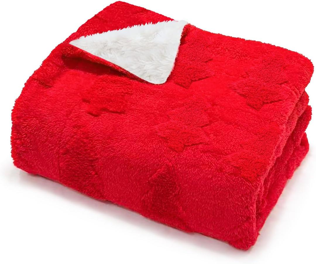 50x60 Inches Sherpa Christmas Blanket for Holiday Home Decor, Red Xmas Tree Jacquard Soft Flannel Fleece Throw Blanket for Bed Couch Sofa, Christmas Decor Gifts for Women Men Teen Family Friends