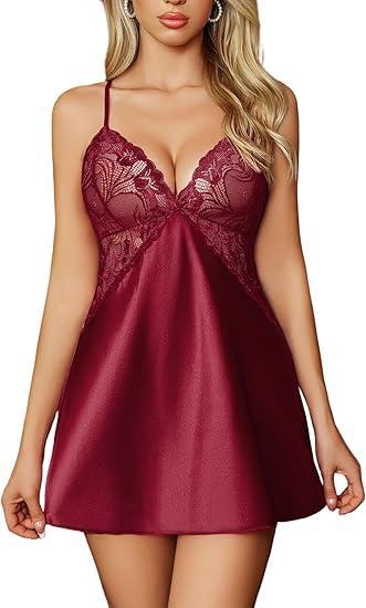 Avidlove Women Lingerie V Neck Nightwear Satin Sleepwear Lace Chemise Mini Teddy (Small)