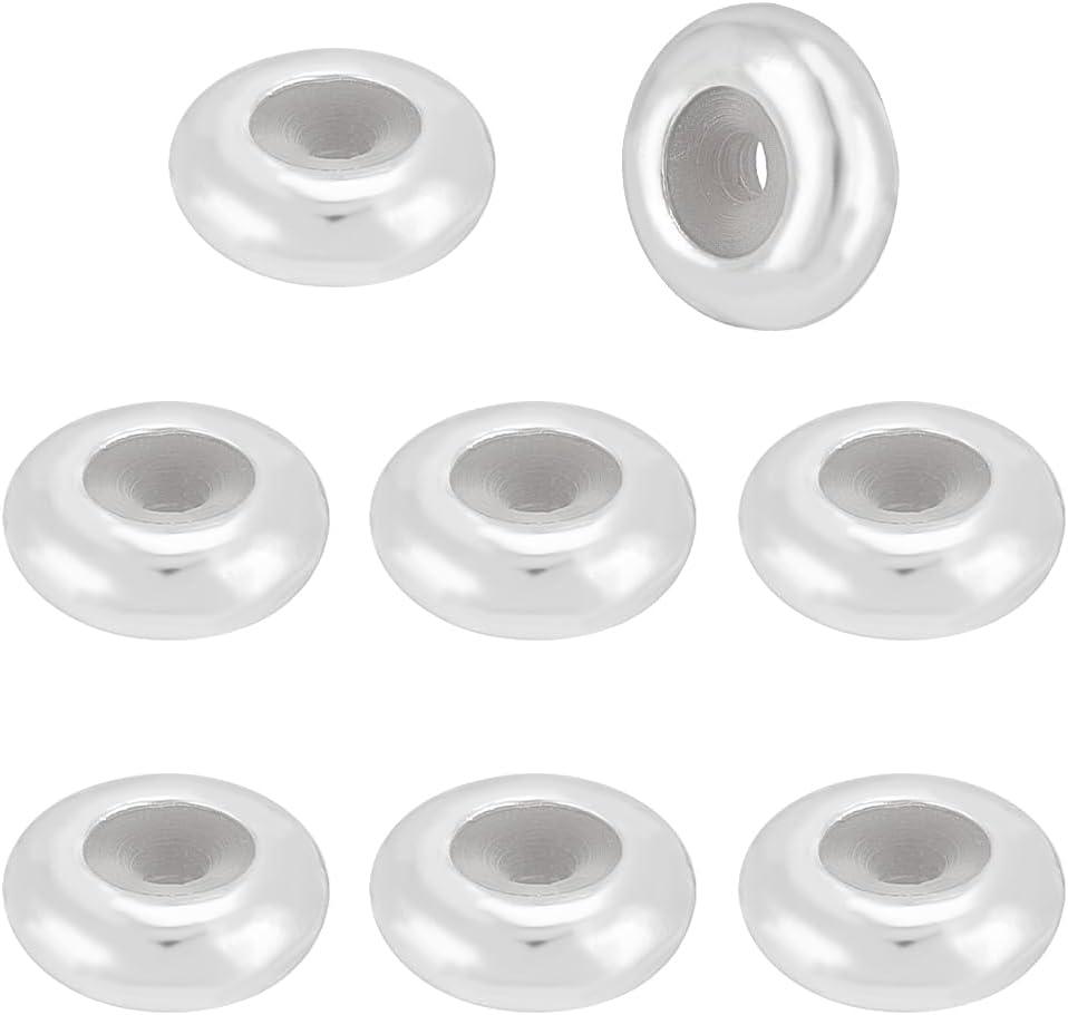 BENECREAT 8Pcs 925 Sterling Silver Beads with Rubber, Rondelle Slider Stopper Beads Silver Crimp Beads for DIY Bracelet Necklace Jewelry Making Accessorie