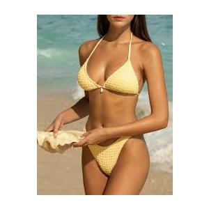 Seamolly Solid Color Textured Shell Decor Halter Triangle Cheeky Bikini Set Yellow M