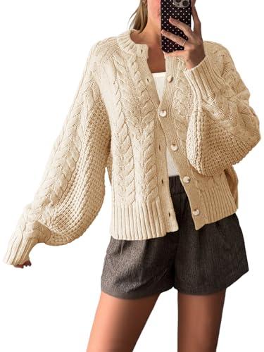 Saodimallsu Womens Cable Knit Cardigan Sweaters Button Up Crew Neck Long Sleeve Loose Fall Trendy Sweater Coats Apricot, Small
