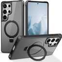 Magnetic Compatible with Samsung Galaxy S25 Ultra Case with Stand [Military Grade Drop][Compatible with Magnet] Ring Holder Translucent Slim Hard Back Soft Edge, Black