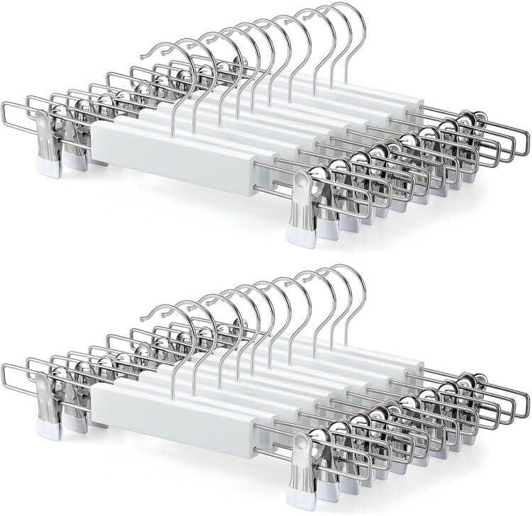 TOPIA HANGER Wooden Pants Skirt Hangers Space Saving 20 Pack, Wide Adjustable Clip Hanger for Pant Skirt Jeans Slacks with Wrinkle Free - CT44W20(White)