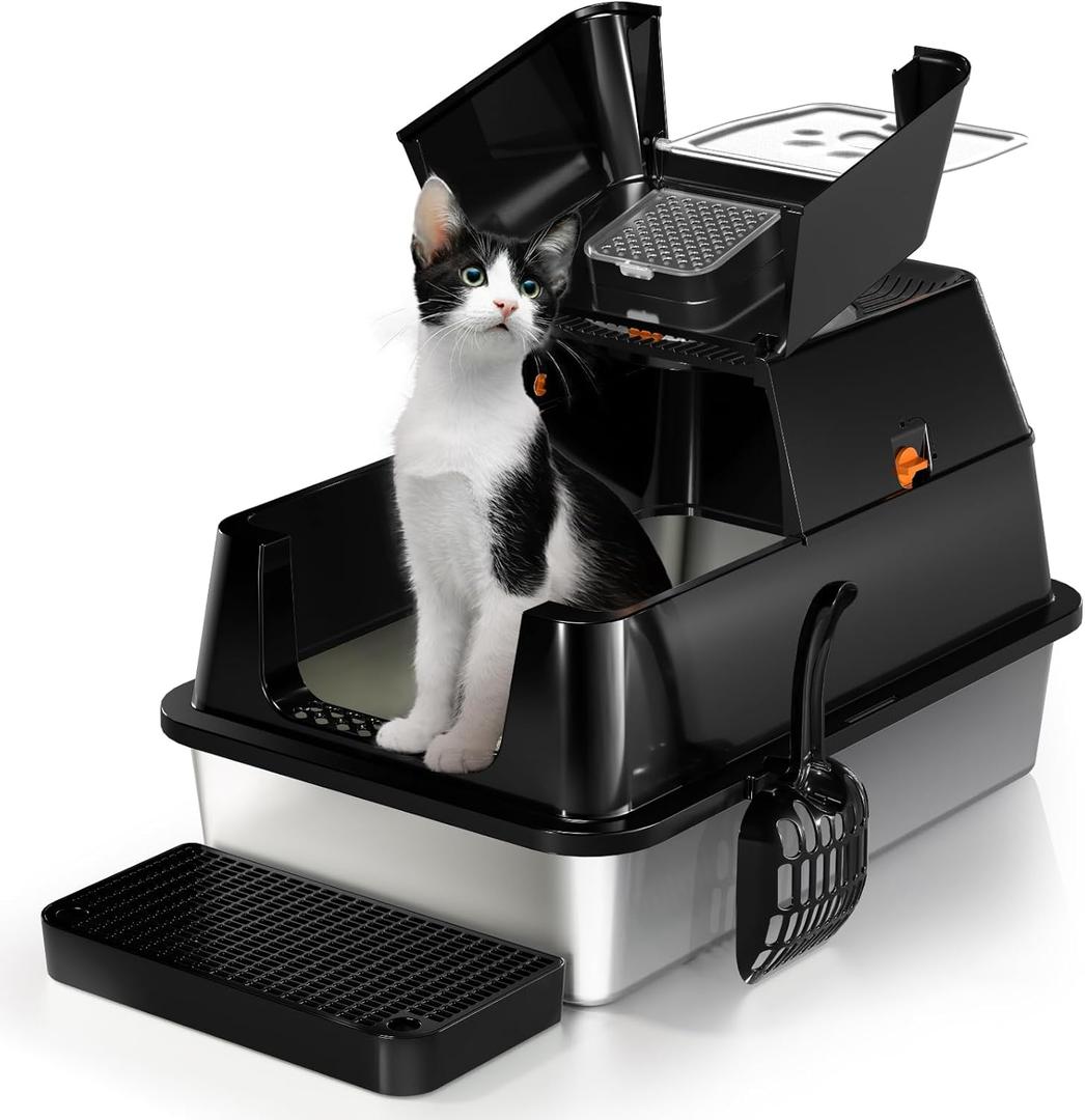 Stainless Steel Cat Litter Box with Lid, 180 Flip-Top XL Extra Large Enclosed Litter Box, Covered Metal High Sided Litter Pan with Steps & Scoop, Easy Cleaning, Odor Control,Non-Sticky-Black