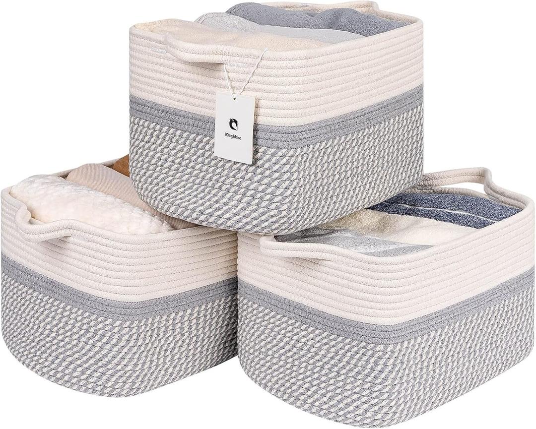 Medium and Large Woven Basket/ / With Handle, Used for Toys and Fabric Storage Basket used for Storing xl Storage Box, Decorative Storage Box Room 2pack (14L*10W*8.6H White/ Gray, 14Lx10Wx8.6H)