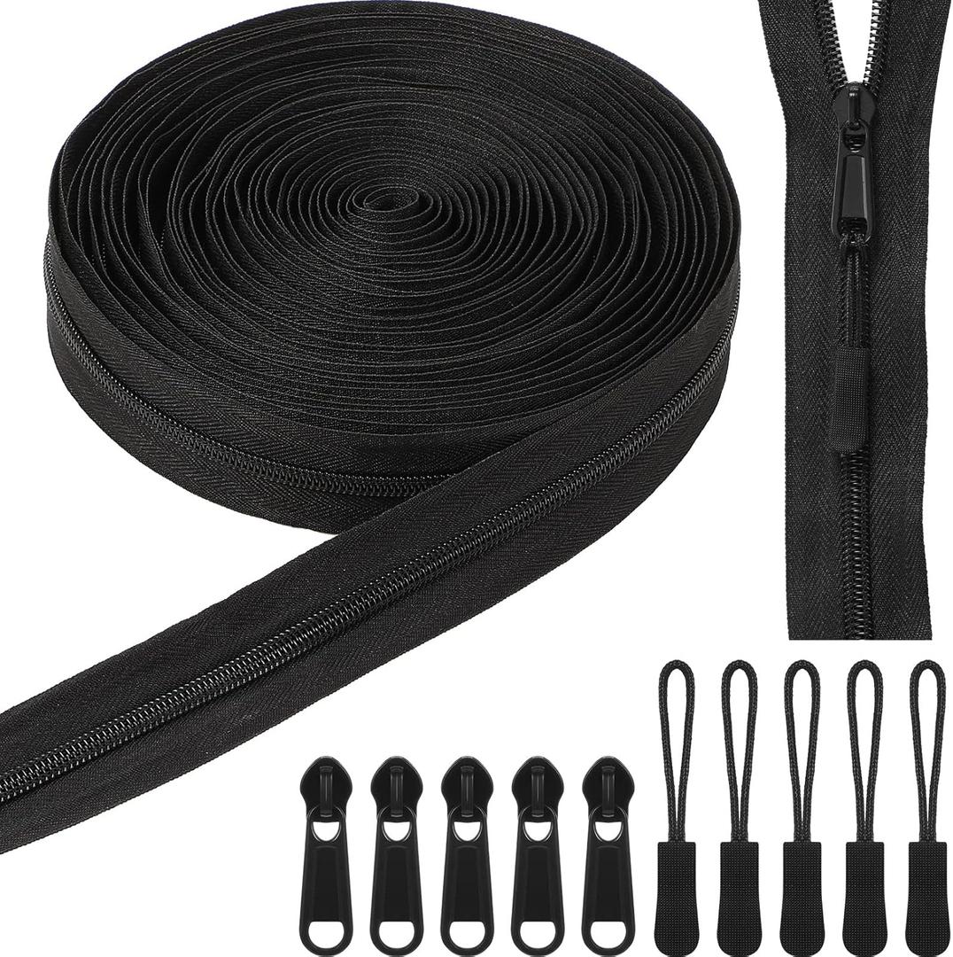 Juexica 10 Yards #5 Black Nylon Coil Zippers with 30 Pieces Sliders 30 Zipper Pulls for Replacement Sewing DIY Sewing Tailor Craft Bag Garment Home Textile
