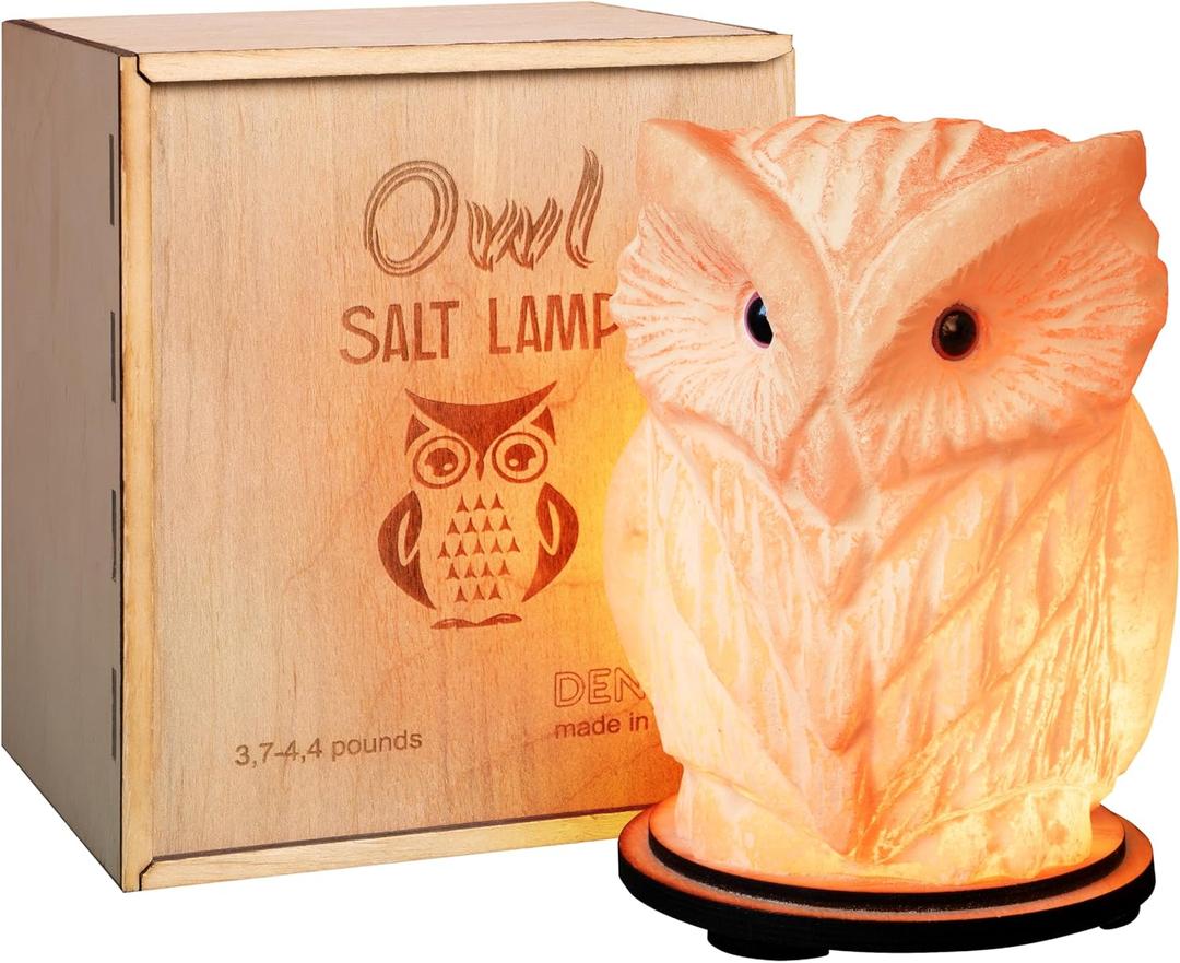 DENOCH Eagle-owl Crystal Salt Lamp H 6.7, 4.4 lbs - Pure Himalain Rock Salt  Dimmable  Unique Night Light Lamp - 1 Light Bulb as a Gift - Wooden Present Box - Holiday Gift Ideas - Cool Room Dcor