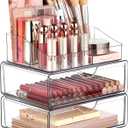 Vtopmart 3 Tier Clear Makeup Organizer with Drawer, Cosmetic Storage for Dresser Countertop and Bathroom Vanity, Beauty Holder for Lipstick Brush Skincare