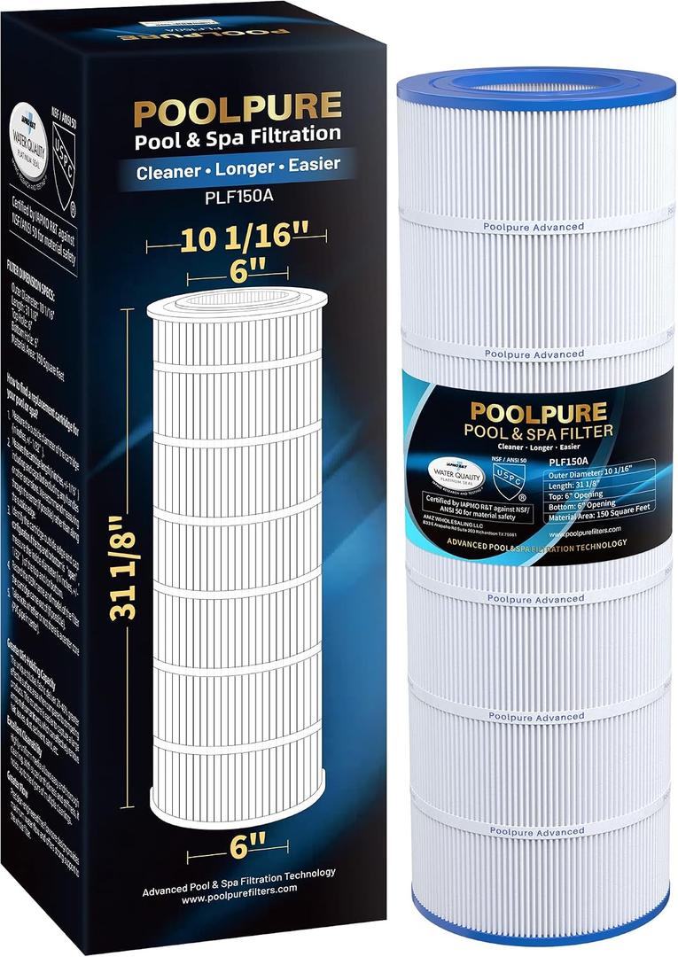 POOLPURE CC150 Pool Filter Replaces Pentair CC150, CCRP150, PAP150, Ultral-C4, PP-C4, PP-C4-M, Unicel C-9415, R173216, 59054300, Filbur FC-0687, 160317, 160355, 160352, L x OD: 31 1/8" x10 1/16"