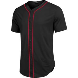 COOFANDY Men's Baseball Button Down Jersey Short Sleeve Hipster Hip Hop T Shirts (Large, Black-red Stripe)
