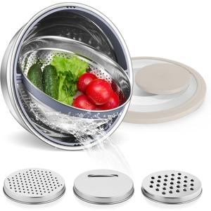 E-far Colander with Mixing Bowl Set, 4-1 Stainless Steel Colander Strainers Bowl with Graters for Kitchen, Rotatable Food Strainer Bowl for Rinsing Fruits Vegetables/Draining Pasta - Khaki