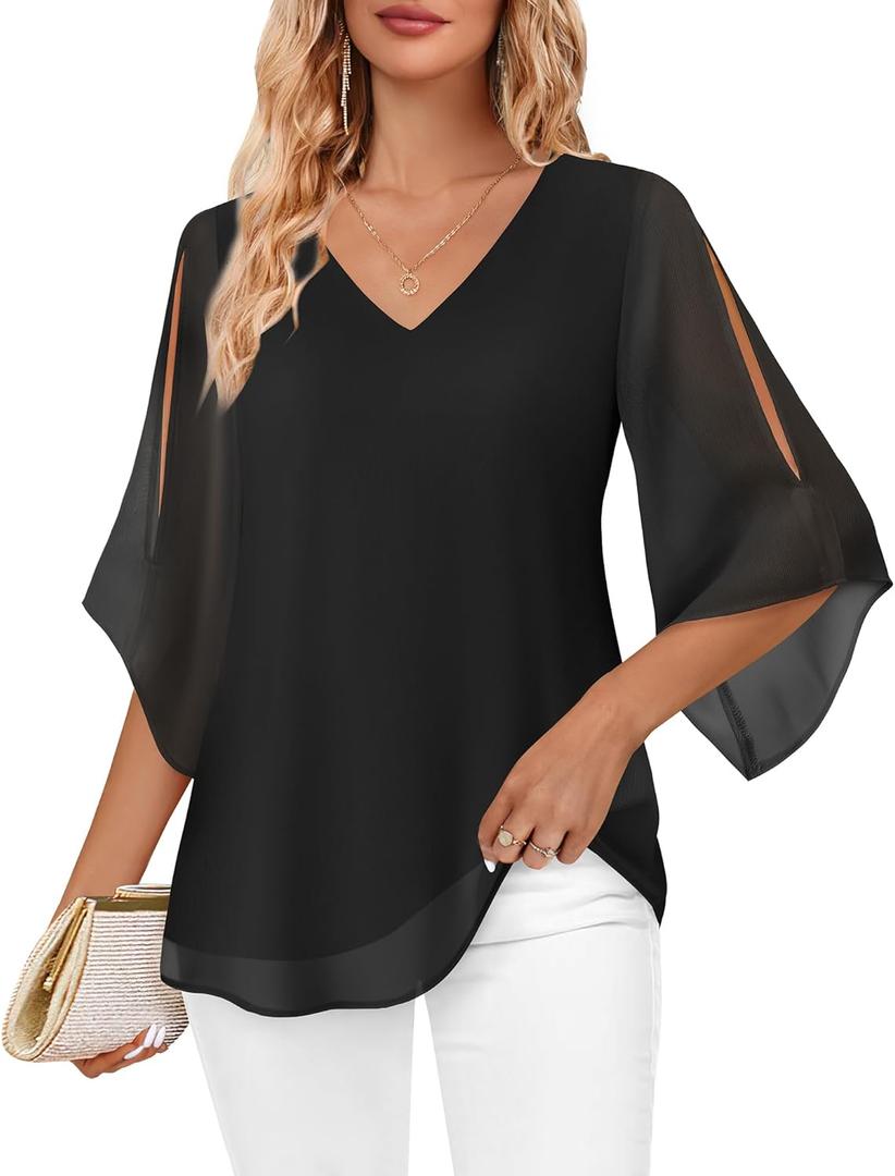 Bebonnie Womens Ruffle 3/4 Sleeve V Neck Double Layers Chiffon Blouses Dressy Tunic Tops (Black, XL)