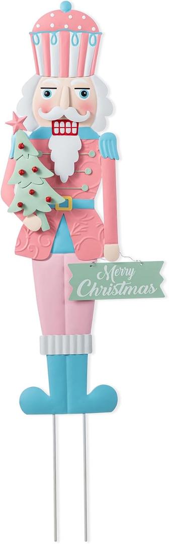Glitzhome Christmas Metal Pink Nutcracker Yard Stake, 36" H Iron Garden Sign & Tree Outdoor Decor, Multi-Function Holiday Lawn Art for Porch, Pathway, Wall Hanging