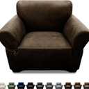 Single Sofa Cover Leather Look Chair Covers for Living Room 1-Piece Sofa Chair Covers with Arms Stretch Furniture Protector with Elastic Bottom & Pockets(Armchair, Coffee)