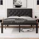 Feonase Full Size Metal Bed Frame with Faux Leather Button Tufted Headboard, Heavy-Duty Platform Bed Frame with 12" Storage, Steel Slats Support, No Box Spring Needed, Noise Free, Black