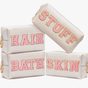 CY2SIDE STUFF Letter Makeup Bag - 4PCS Pink Stuff Hair Bath Skin Chenille Letter Patch Cosmetic Bag Preppy PU Leather Patch Pouch Waterproof Portable Zipper Travel Organizer Xmas Gifts for Women Girls