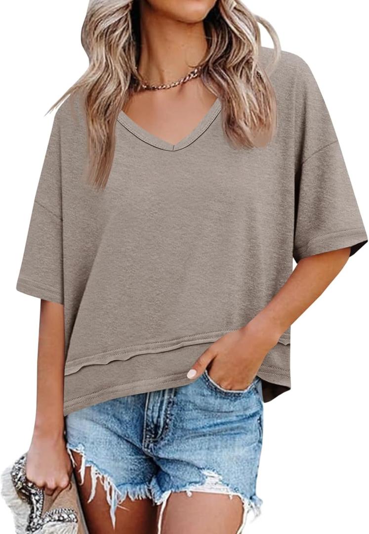 Cicy Bell Womens Summer V Neck T Shirts Casual Short Sleeve Flowy Tops Cute Loose Fit Basic Tees (Beige, L)