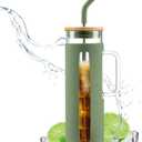 Kodrine Glass Tumbler with Handle, 24 oz Iced Coffee Cup Boba Smoothie Cup, Bamboo Lid Home Office Tumblers, Olive