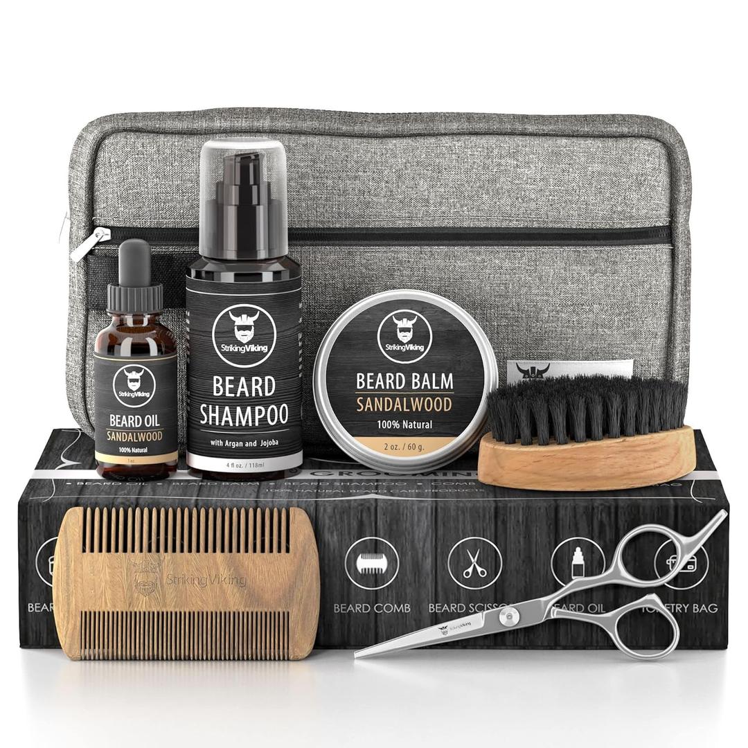 Striking Viking Grooming Kit - Premium Care Products for Men with Beard Shampoo, Oil, Balm Butter, Brush, Wooden Comb, Mustache Scissors & Toiletry Bag (1 Fl Oz (Pack of 7))