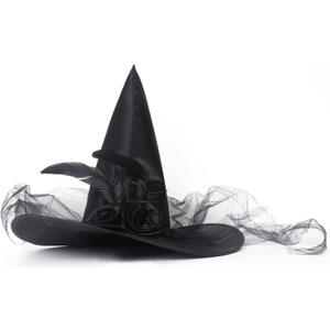 JUSTOTRY Halloween Witch Hat - Halloween Costume Witches Hats for Women attached with Roses & Feathers (Black)