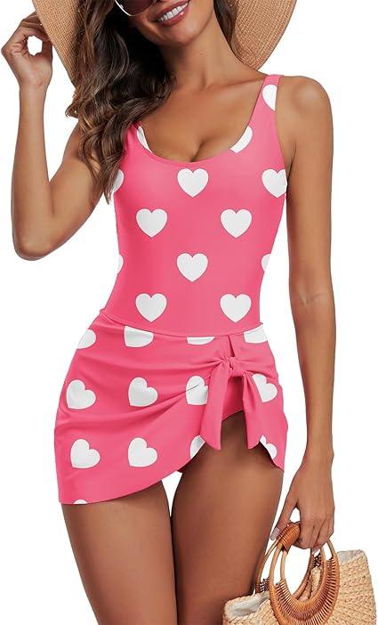 Century Star One Piece Swimdress Swimsuits for Women with Skirt Tummy Control Swim Dresses Bathing Suit Swimwear (, Pink Heart Medium)