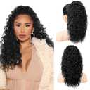 HOOJIH Ponytail Extension for Black Women - Curly Wavy Drawstring Ponytail Hair Extensions - Extra Fluffy Fake Pony Tail - 18 Inch Synthetic Hairpiece for Daily Use - Natural Black