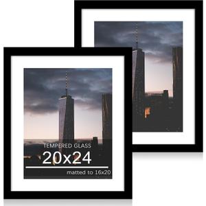 20x24 Picture Frame Set of 2, 20 x 24 Wood Poster Frames with Mat for 16x20, Wooden Photo Frames with Tempered Glass Cover for Wall Display,Black, 20x24-2Pack