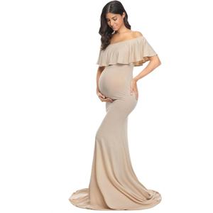 Glampunch Womens Off Shoulder Maternity Dress Ruffles Elegant Slim Gowns Fit Maxi Photography Dress, Small, Beige 