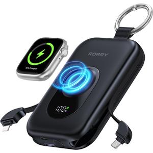 RORRY CharmGo Portable Charger, 20000mAh PD 30W Portable Charger Power Bank with 2 Built-in Cables, Fast Charging Battery Pack with Keychain, Travel Essentials for iPhone, Apple Watch, iPad, Black