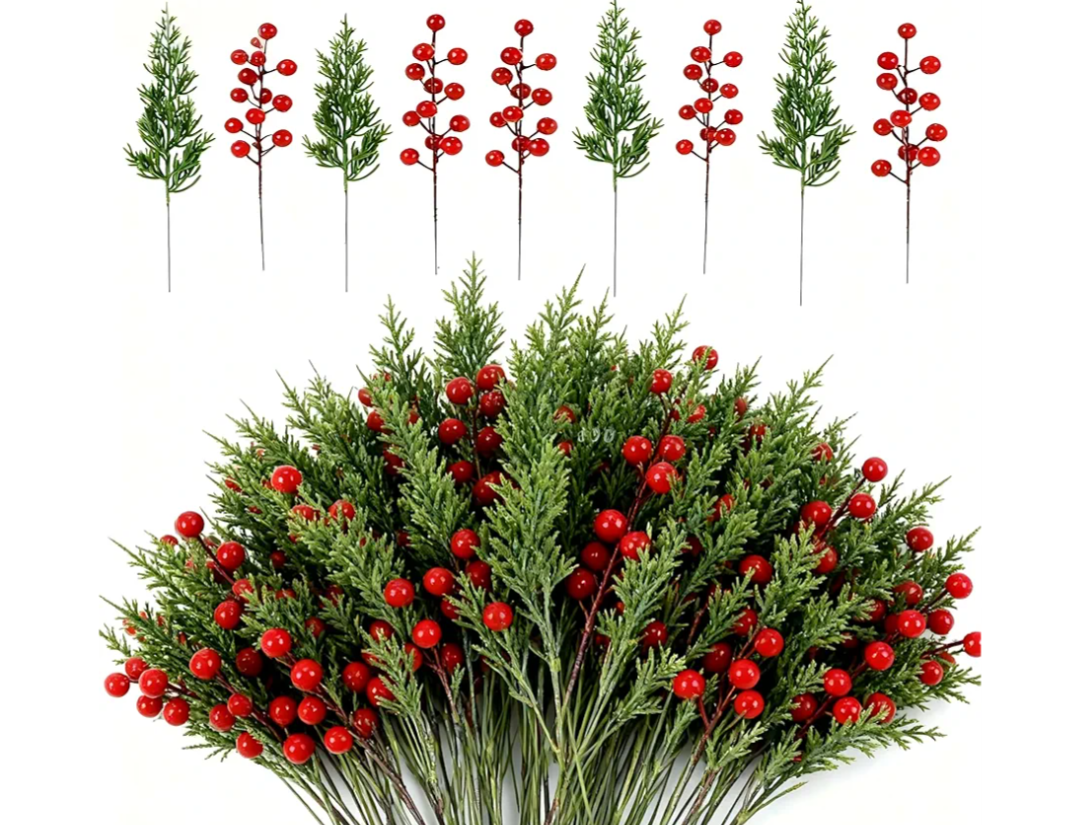 Artificial Christmas Pine Branches with Red Berry Stems-Set of 45 Greenery Stems and 15 Berry Picks for Xmas Wreaths, Garlands, Table Centerpieces, DIY Holiday Crafts, Fireplace & Home Decoration