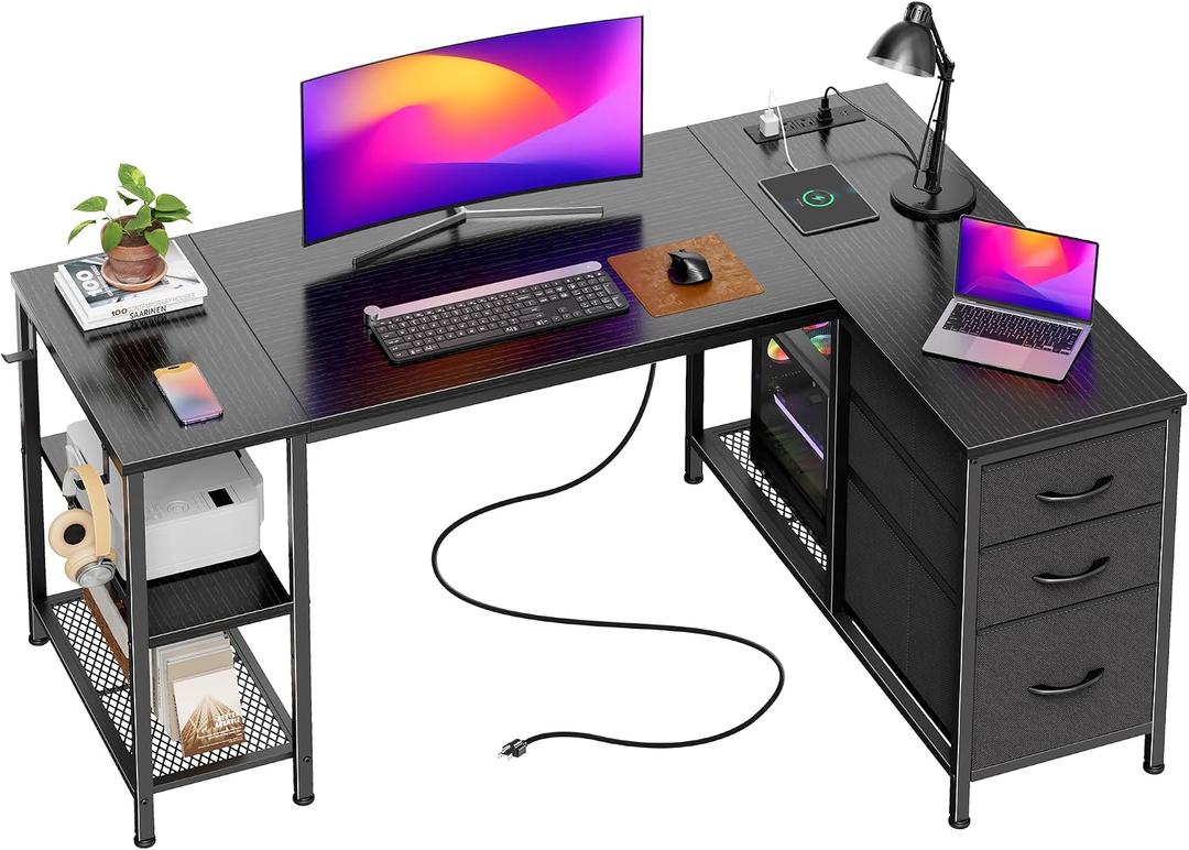PRAISUN 47.2'' L Shaped Office Desk with Power Outlets and 3 Drawers | Corner Computer Desk with 3-Level Height Wooden Shelf, Mesh Shelves, 2 Hooks, Reversible Gaming Work Desk with Storage, Black