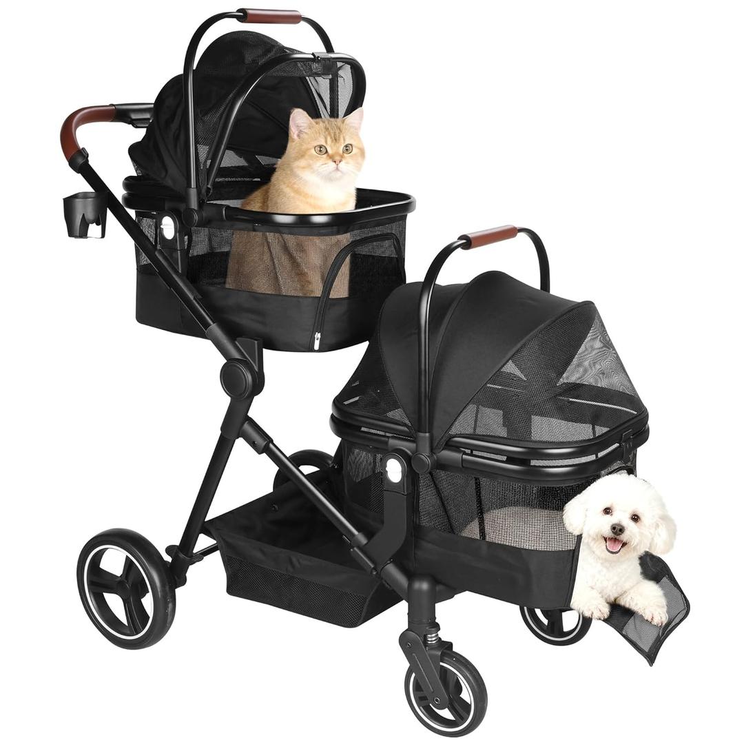 Foldable Double Pet Stroller for 2 Small Medium Cats Dogs, Lightweight Single and Double Integrated Pet Stroller with Detachable Carriers (Black)