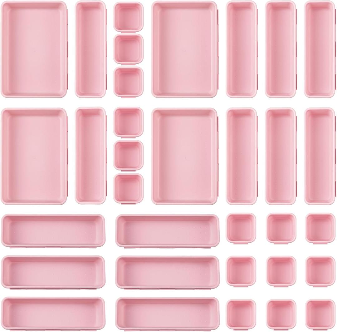 32 Pcs Desk Drawer Organizer Office Organization Tray Versatile Vanity with Nonslip Pads Makeup for Divider Storage Box Container Kitchen Bedroom (Rose Pink) ONG-Purpeak-146