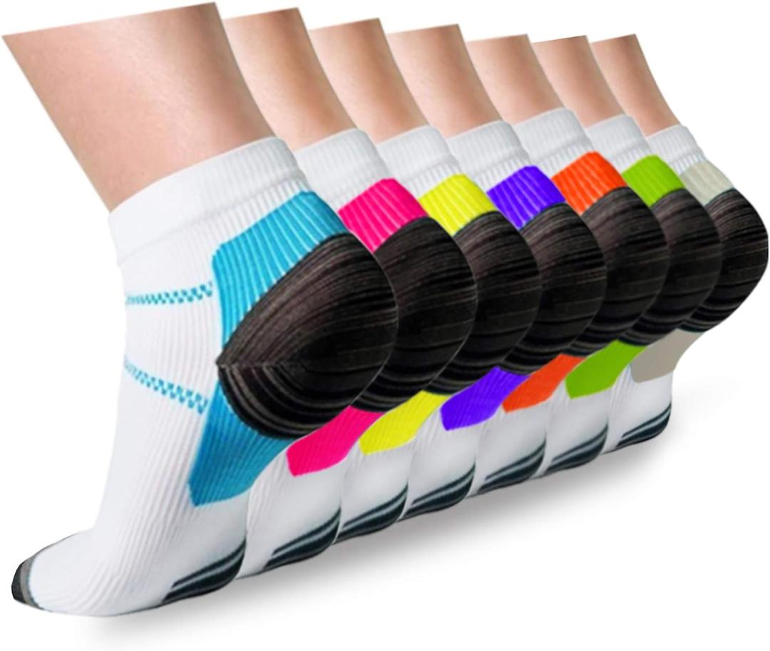ACTINPUT Compression Socks Plantar Fasciitis for Women Men - 8-15 mmHg Best for Athletic,Support,Flight Travel,Nurses,Hiking (Large-X-Large, 01-blue/Rose/Yellow/Purple/Orange/Green/White-7 Pairs)