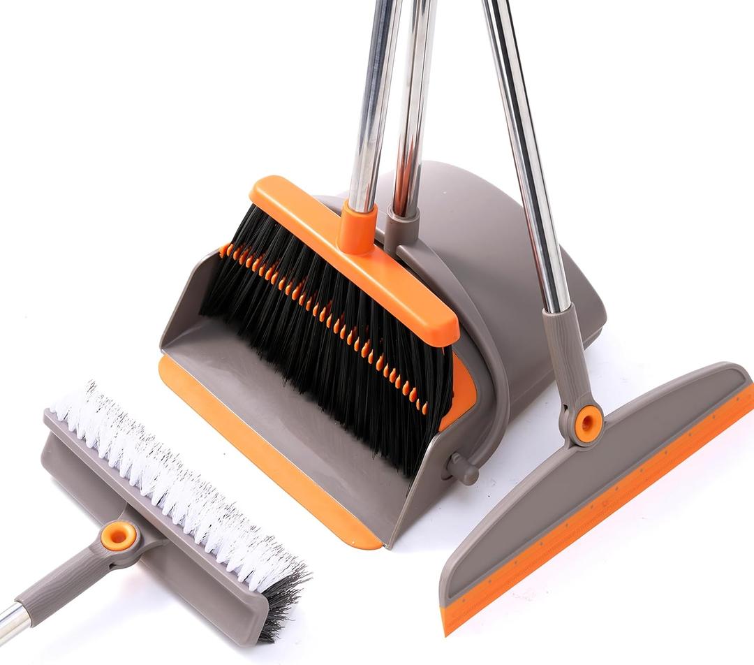 Multifunction 3-in-1 Broom and Dustpan, Silicone broom Squeegee and Scrub Brush Set with Long Adjustable Handle for Indoor & Outdoor Sweeping and Scrubbing, Ideal for Pet Hair, Liquids Spills and Dirt (Orange and Grey)