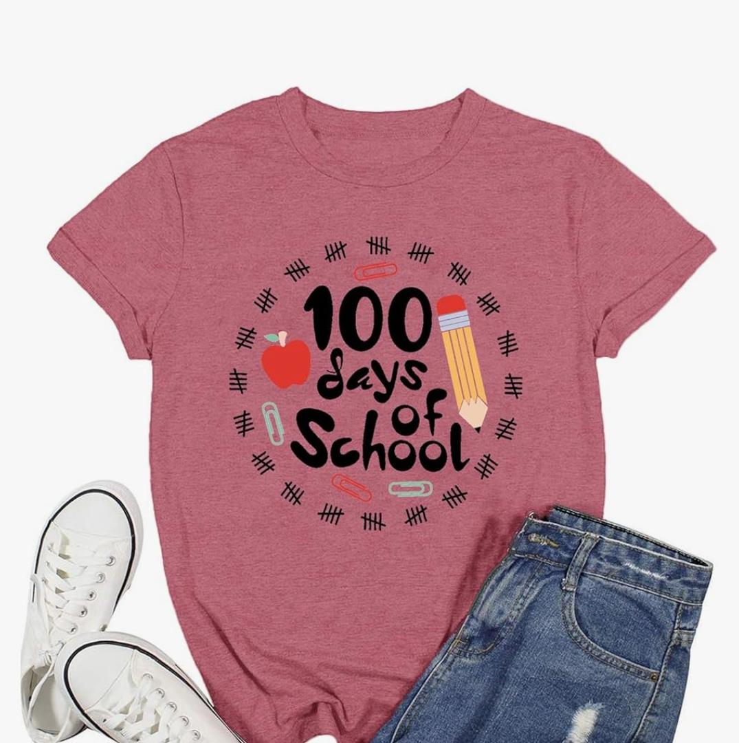 100 Days of School Shirts for Women Teacher School Days T-Shirt Happy 100th Day Teachers Tee Tops M