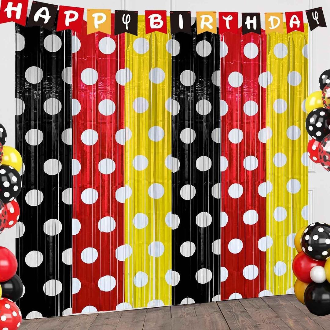 4 Pack Black Red Yellow Foil Fringe Curtains Birthday Decorations, 3.2x6.6ft Mouse Color Door Streamers Backdrop Cartoon Mouse Baby Shower Birthday Party Decorations Supplies