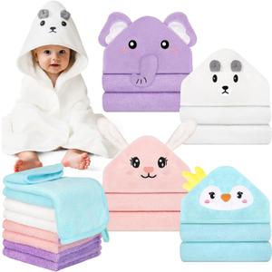 CandyHome 12 PCS Baby Bath Towels Set for Infants Toddlers, 4 PCS Animal Hooded Baby Towels & 8 PCS Washcloths Set, Ultra Absorbent Soft Cute Newborn Bath Essentials Gifts for Boys & Girls (Purple, Pink, Blue, White)
